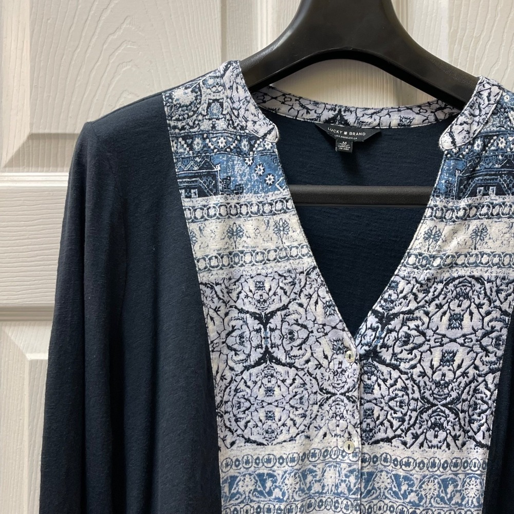 Lucky Brand Women's Size Medium Long Roll Tab Sleeve Henley Button-Up‎ Blouse
